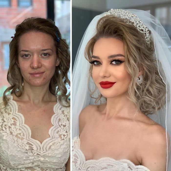 Before and after bridal glam makeup transformation