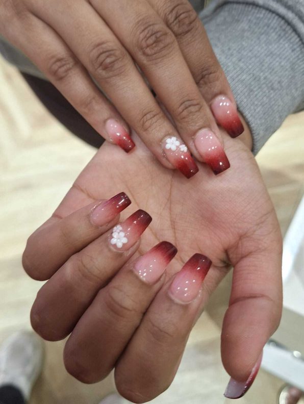 Ombre nail extensions with 3D flower nail art